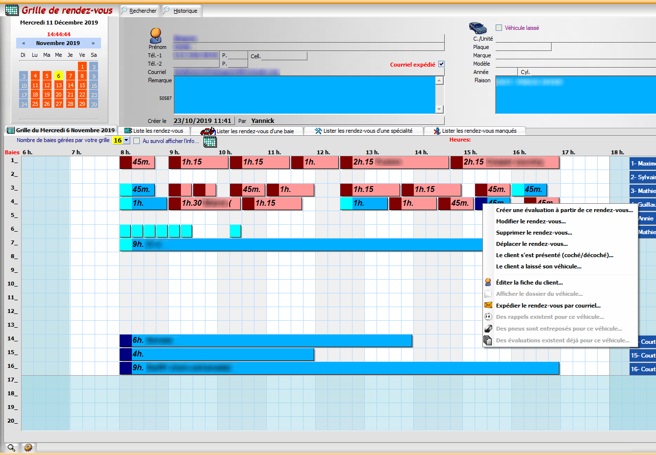 Exemple de grille de rendez-vous et du menu contextuel